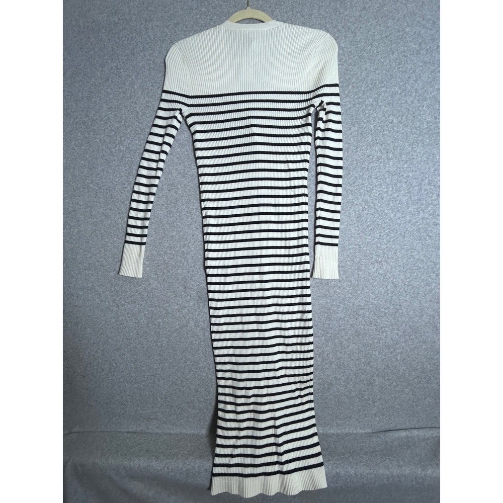 New LOFT Ribbed Knit Midi Dress Womens S Ivory Navy Striped Button Front Coastal - Picture 4 of 6